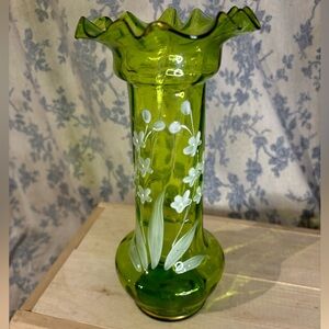Antique Spring Green Bohemian Handpainted Floral Glass Vase